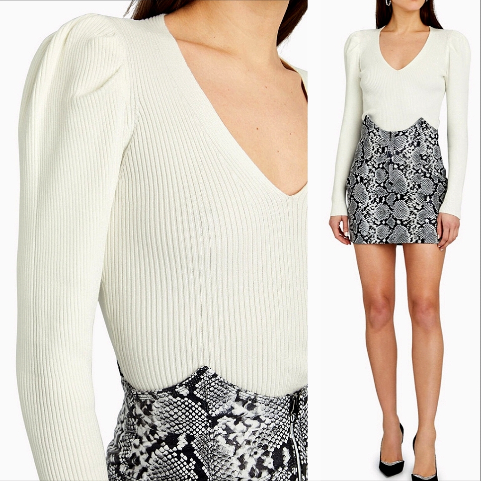 Nwot Ronny Kobo Madelina Puff Sleeve Rib Knit Top Xs Long Sleeves Ivory